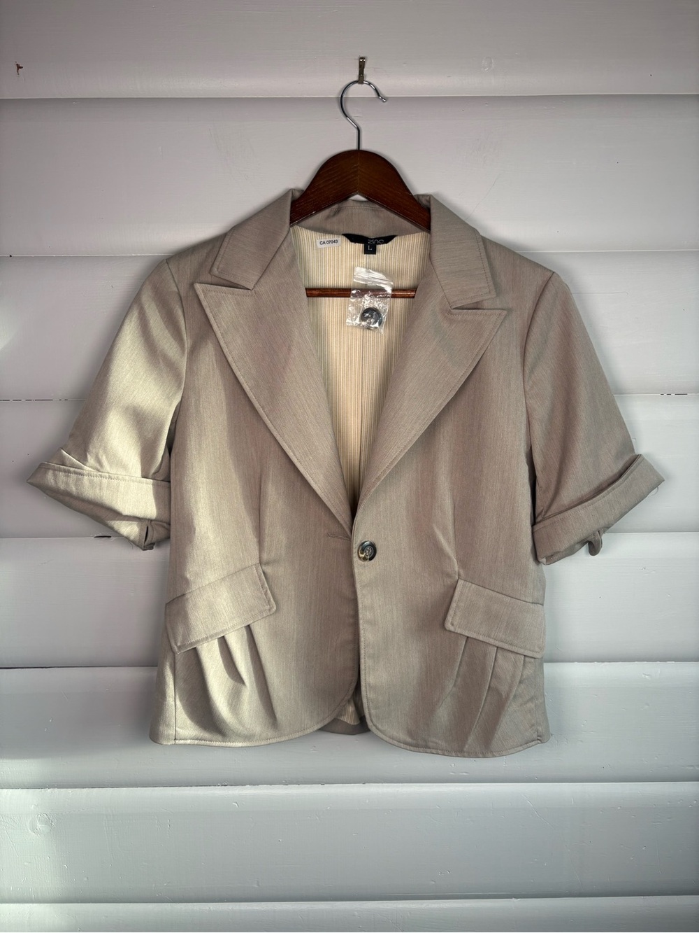 Zinc Beige Short Sleeve Blazer Jacket Size L Pleated Pockets Y2K